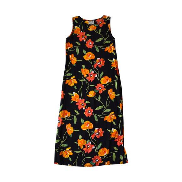 Vintage Dresses & Skirts - Vintage 90s Floral Rayon Maxi Dress Black Orange Sleeveless Large